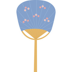 Traditional Japanese fan with blue fabric decorated with pink cherry blossoms and a light brown wooden handle on a white background