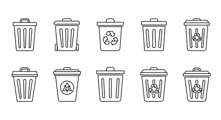 Trash can and recycling bin line icon set. Garbage container, waste basket, and litter bin symbols. Vector concept for waste management, environmental care, and ecology.