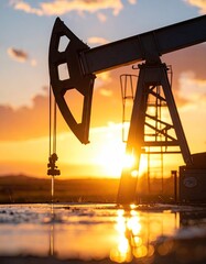 Oil pump jack silhouette at sunset with reflection on wet ground.