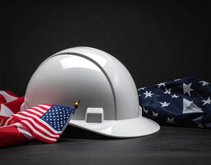 White hard hat and American flag symbolizing labor and patriotism.