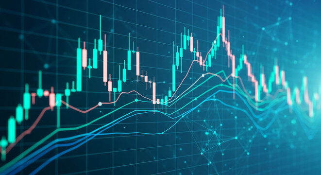 Graphical representation with linear chart and candlestick chart on grid with nodes, illustrating financial market trends, analytical overview and prediction - Powered by Adobe