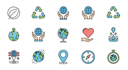 Set of eco-friendly and environment icons. Vector line art collection for sustainability, recycling, planet care, global travel and navigation. Earth day and ecology concept.