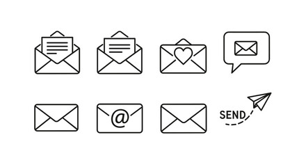 Mail message vector icon set. Email correspondence thin line art symbols. Open envelope, letter, love heart, chat bubble notification, at sign, paper plane send button.