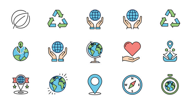Set of eco-friendly and environment icons. Vector line art collection for sustainability, recycling, planet care, global travel and navigation. Earth day and ecology concept.