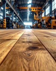 Wooden floor in industrial factory interior with machinery and overhead cranes.