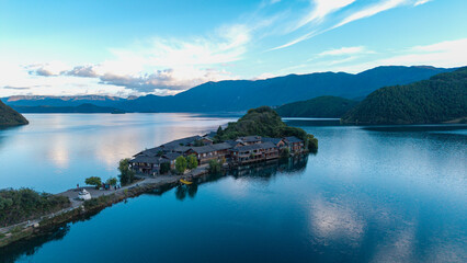Aerial photography of the islands in Lugu Lake, Sichuan, China