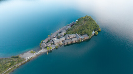 Aerial photography of the islands in Lugu Lake, Sichuan, China