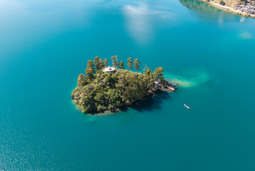 Aerial photography of the islands in Lugu Lake, Sichuan, China