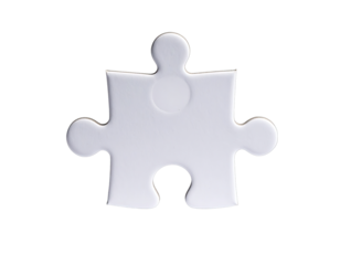 White puzzle piece with connectors, isolated, against black