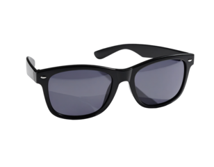 Classic dark sunglasses angled up, against a black backdrop