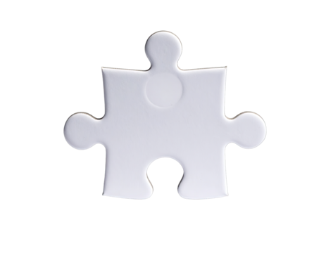 White puzzle piece with connectors, isolated, against black