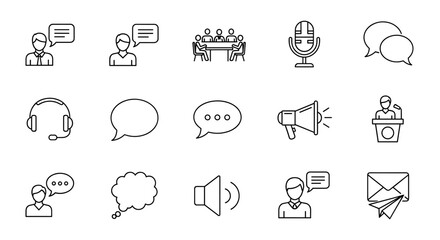 Communication line icon set. Contains icons as dialogue, public speech, meeting, conference, chat bubble, message, customer support, microphone, and megaphone. Vector pictograms.