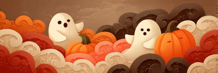 This vibrant illustration features two cheerful ghosts floating among colorful waves and pumpkins, embodying a fun autumn spirit.