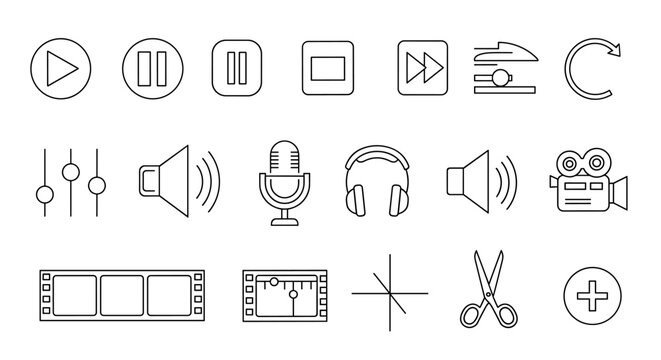 Video editing and media player line icon set. Multimedia control buttons for play, pause, record. Audio podcast, sound production symbols. Film post production graphic elements.