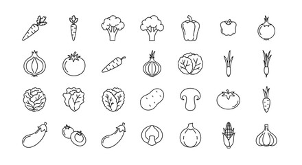 Vegetable icons big set. Healthy food outline symbols. Linear veggie signs collection. Fresh farm vegetables for market or menu. Thin line art pictogram pack for web design.