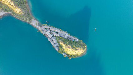 Aerial photography of the islands in Lugu Lake, Sichuan, China