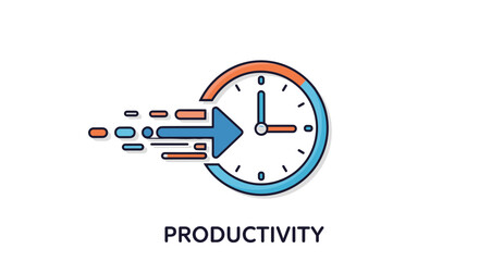 Productivity concept with time management and efficiency icon. Fast forward arrow moving into a clock. Metaphor for speed, progress, urgency, and meeting deadlines in business.