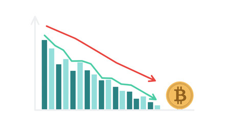 Bitcoin price crash, cryptocurrency market crisis. Financial chart with red arrow going down. Bear market concept. Stock market crash illustration. Crypto value decrease graph.