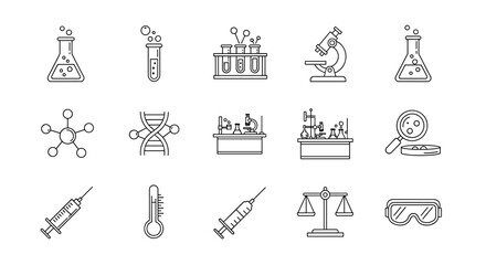 Science thin line icon set. Chemistry, biology, and medical research outline symbols. Laboratory equipment, DNA, microscope, flask, vaccine, experiment, analysis icons.