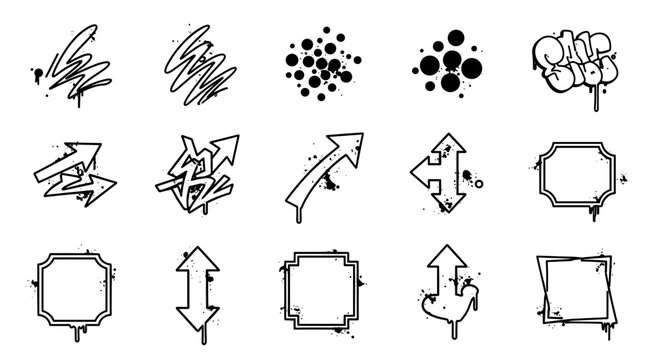 Graffiti elements set. Street art spray paint vector collection. Urban grunge style arrows, tags, frames, and drips. Black and white ink splatter design pack for creative projects.