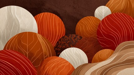 A visually striking abstract image featuring a blend of round shapes in warm shades of orange, red, and cream, complemented by organic textures.