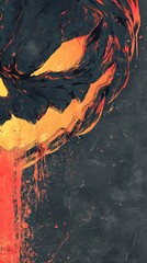 This artwork features a dramatic pumpkin face, blending dark shadows with fiery colors, evoking a spooky atmosphere.