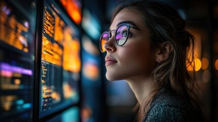 Woman with glasses intently views glowing screens showing code/data