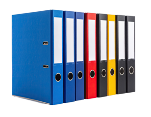 Stacked ring binders; colorful, organized, aligned
