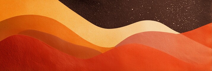 A vibrant abstract artwork featuring flowing waves of orange and brown against a starry background, creating a warm, dynamic atmosphere.