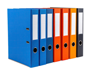 Row of colorful lever arch files against black backdrop