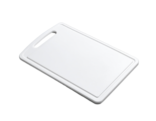 White, rectangular cutting board with handle, dark background