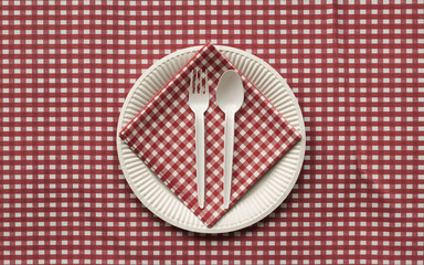 Classic red gingham picnic setup featuring a paper plate with napkin plus plastic cutlery perfect for summer gatherings and outdoor eating, simple fun