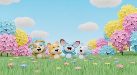 Obraz premium Whimsical Animated Animals in a Colorful Spring Landscape.