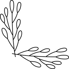 Minimalist Black Outline Floral Corner Accent Decorative Element With Oval Leaf Shapes On Transparent Background
