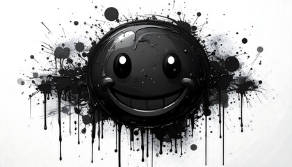 A glossy black smiley face with a cheerful grin is the focal point, set against a backdrop of ink splatters. White background