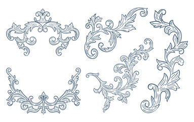 Elegant floral Baroque ornaments in blue tones. Hand-drawn minimalist line art vector design with elegant and royal ornaments . Perfect for invitations, wedding monogram, logos, and classic prints