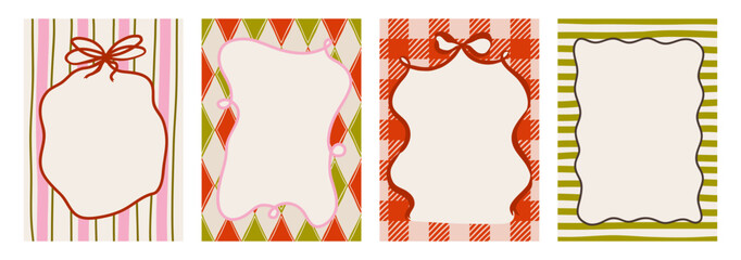 Naklejka na ściany i meble Elegant hand drawn frame set with vintage swirls, ribbons, and bows. Whimsical doodle borders for wedding invitations, greeting cards, or christmas festive designs