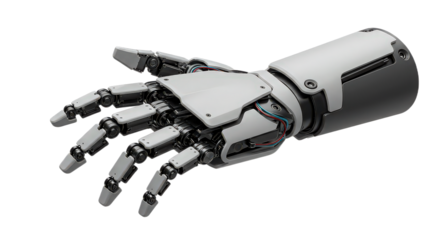 White robotic arm isolated on transparent background represents advanced technology and engineering design concept