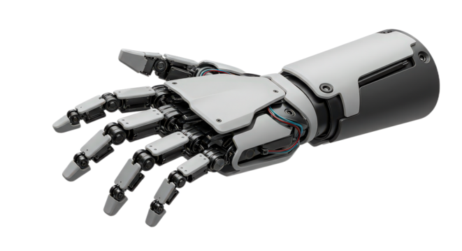 White robotic arm isolated on transparent background represents advanced technology and engineering design concept