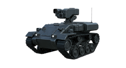 Unmanned ground vehicle with a black body isolated on transparent background, designed for military applications