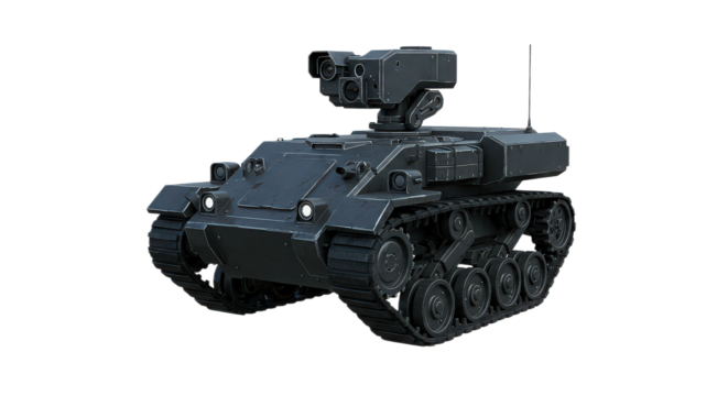 Unmanned ground vehicle with a black body isolated on transparent background, designed for military applications