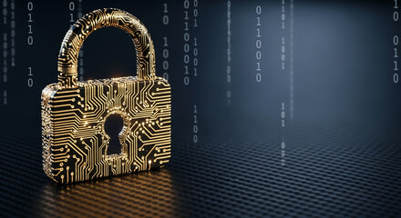 Metallic padlock with circuit board design on checkered surface and binary code in the background representing data protection, cybersecurity and encryption