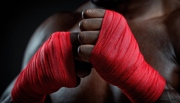Black Man With Strong Hands Prepares For Exercise With Red Boxing Wraps In Hand: Ready For Training And Active Workouts - Powered by Adobe