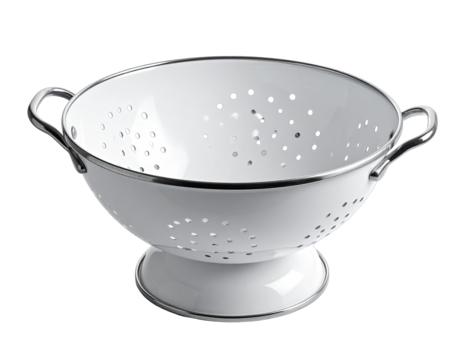 White enamel colander with chrome handles and base