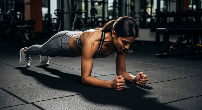 Woman holding plank position with perfect form at the gym - Powered by Adobe