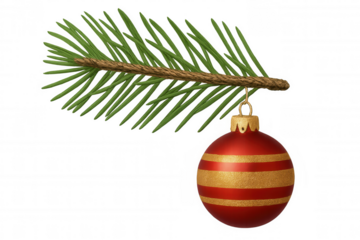 Christmas red and gold ornament hanging on pine branch, celebrating holiday season, transparent background