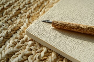 Textured Notebook with Wooden Pen on Woven Mat, Rustic Aesthetic CloseUp View