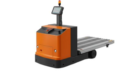 Automated guided vehicle isolated on transparent background, an unmanned transport system for industrial applications