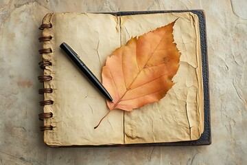 Vintage Open Journal with Autumn Leaf and Black Pen on Textured Surface