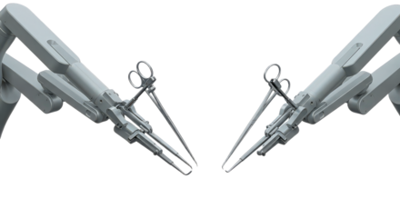 Robotic surgery arms isolated on transparent background, advanced technology for minimally invasive procedures